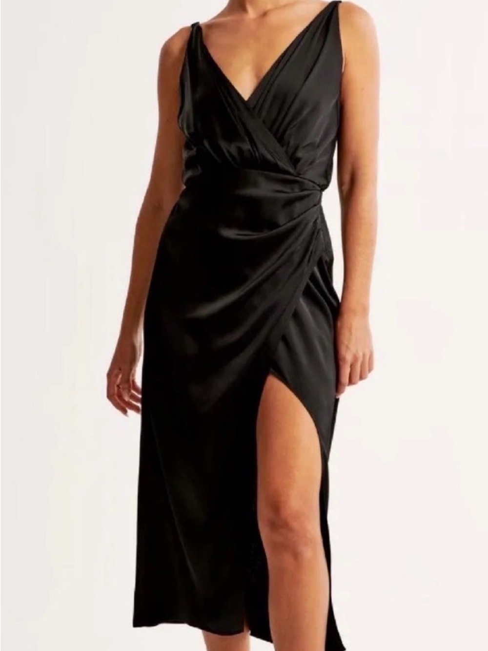 Abercrombie & Fitch Petite Small Black Satin Wrap Midi Dress with Side Slit
